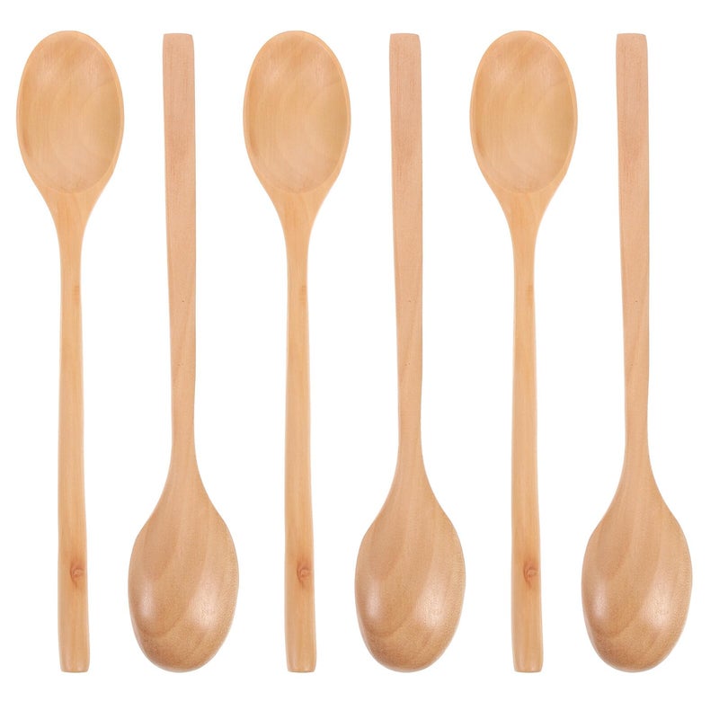 6Pcs Long Handle Wooden Soup Spoons Set Natural Beech Wood Kitchen Utensils - Image 2