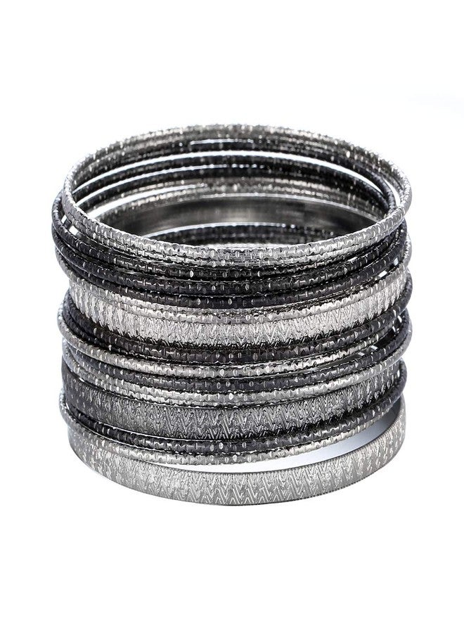 Ensoul 2.68" Inner Diameter Silver Lt Hematite Multiple Textured Metal Bracelets & Bangles Set For Women 18Pcs/Set - Image 1