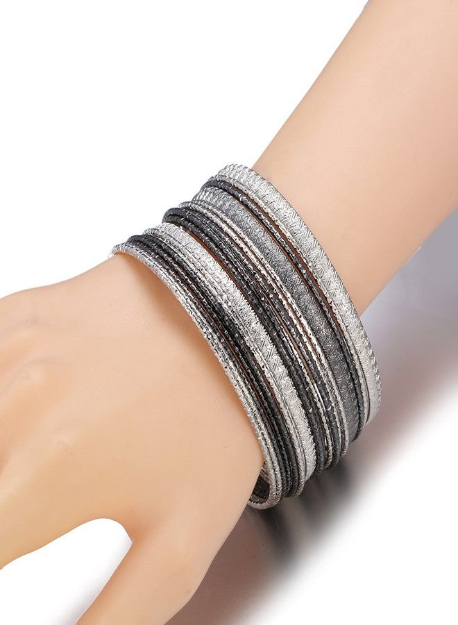 Ensoul 2.68" Inner Diameter Silver Lt Hematite Multiple Textured Metal Bracelets & Bangles Set For Women 18Pcs/Set - Image 3