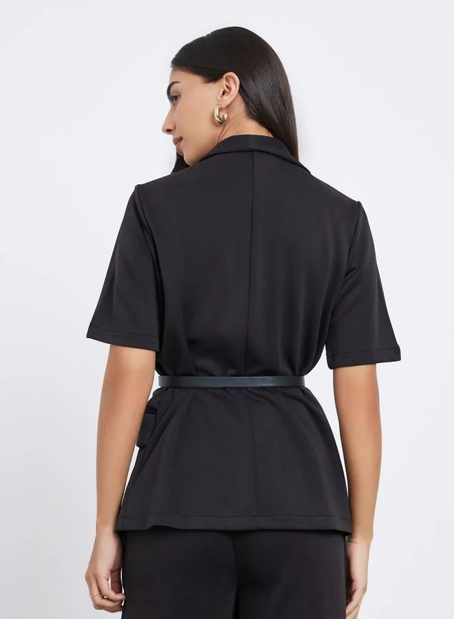 Styli Styli Black Longline Belted Blazer with Shawl Collar
