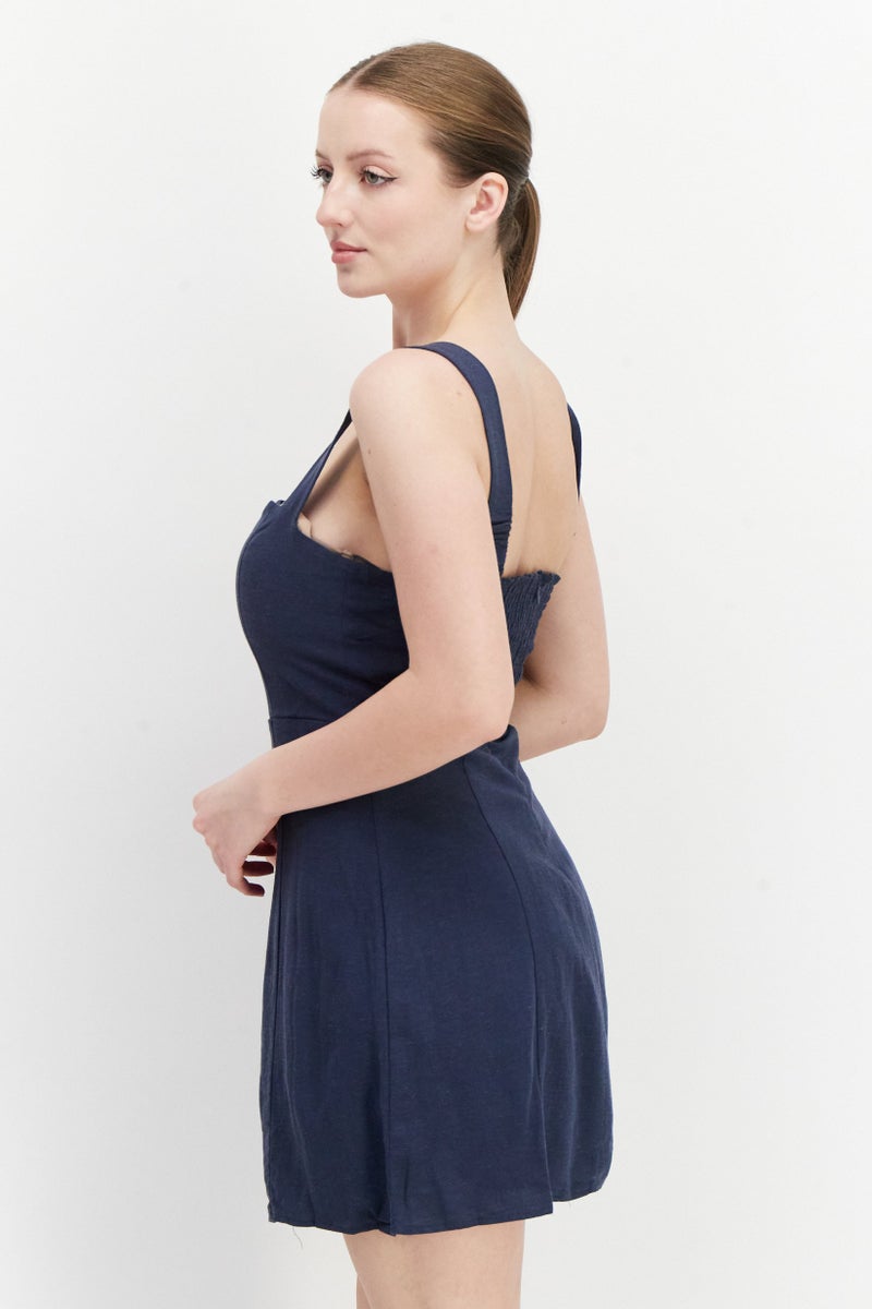 Aqua فستان ميني بسيط بأكمام وفتحة مربعة للنساء، كحلي - Image 2