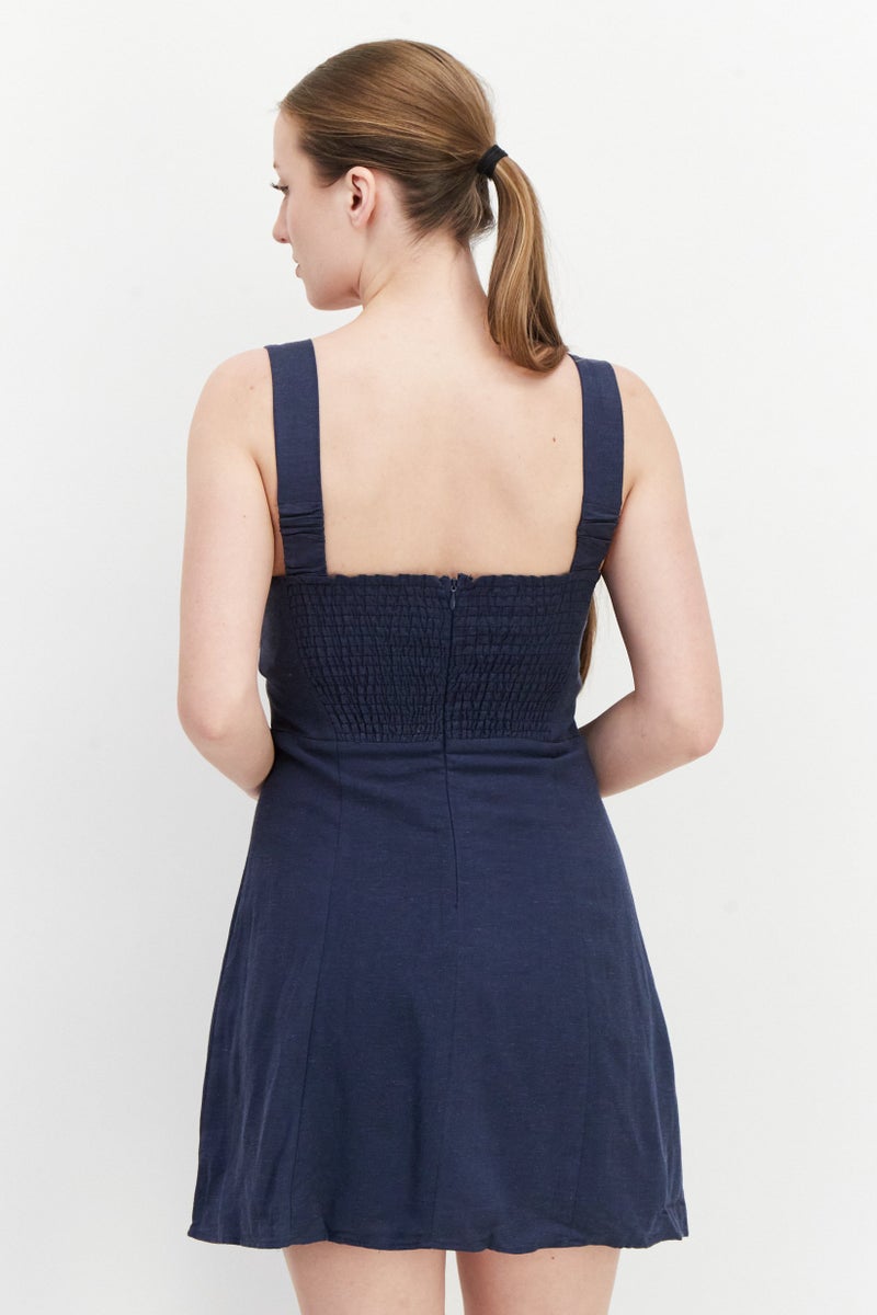 Aqua فستان ميني بسيط بأكمام وفتحة مربعة للنساء، كحلي - Image 4