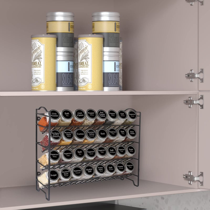 SWOMMOLY Spice Rack Organizer with 32 Glass Spice Jars, 396 Spice Labels, Chalk Marker and Funnel Complete Set, for Cabinet, Countertop, Cupboard or Wall Mount, Black - Image 2