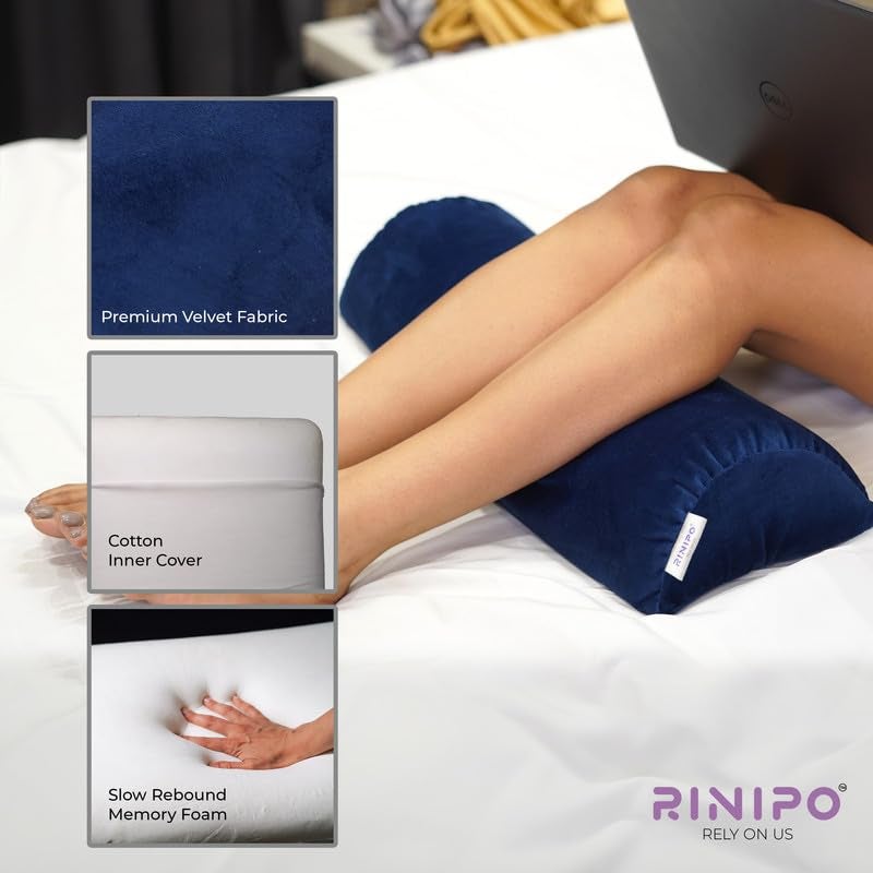 RINIPO Half Moon Bolster Memory Foam Pillows Multipurpose Orthopedic Pillow Head Back Knee Leg and Neck Support Pillow for Sleeping with Removable Zipper Cover 22x8x4 Inches Velvet Blue - Image 3