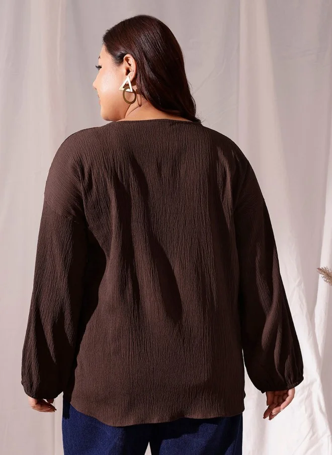 CURVY STREET Brown Self Design Regular Top for Women