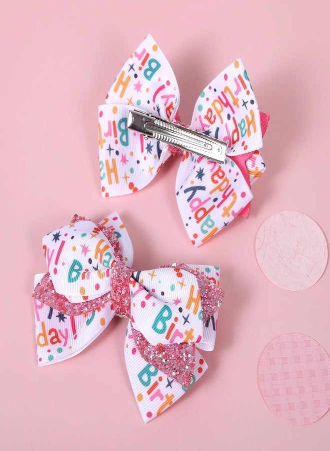 Miroksh 4" شريط عيد ميلاد سعيد مشابك شعر قوس 2 قطعة لامعة وردية لامعة دبابيس تمساح للفتيات المراهقات والأطفال والرضع والنساء لزي حفلة الآيس كريم زينة إكسسوار هدية - Image 2