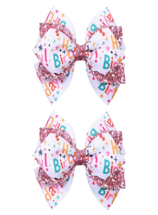 Miroksh 4" شريط عيد ميلاد سعيد مشابك شعر قوس 2 قطعة لامعة وردية لامعة دبابيس تمساح للفتيات المراهقات والأطفال والرضع والنساء لزي حفلة الآيس كريم زينة إكسسوار هدية - Image 1