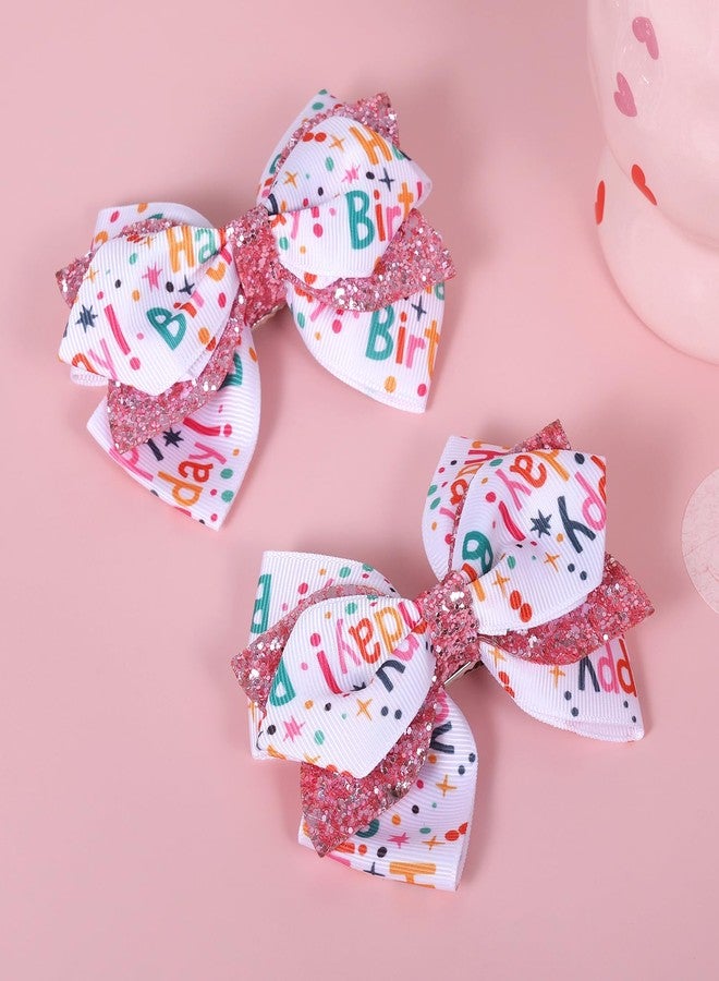 Miroksh 4" شريط عيد ميلاد سعيد مشابك شعر قوس 2 قطعة لامعة وردية لامعة دبابيس تمساح للفتيات المراهقات والأطفال والرضع والنساء لزي حفلة الآيس كريم زينة إكسسوار هدية - Image 3