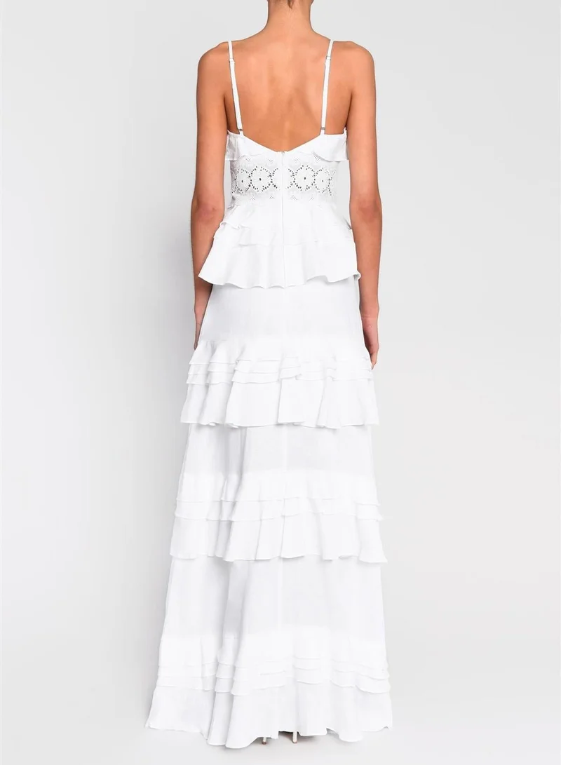 ترو ديكادينس Sophia White Plunge Front Tiered Ruffle Maxi-Dress