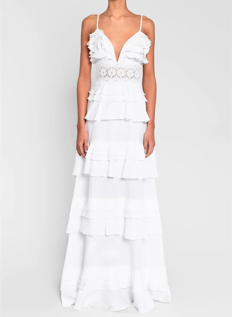 ترو ديكادينس Sophia White Plunge Front Tiered Ruffle Maxi-Dress