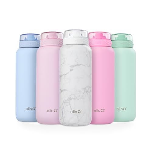Ello Cooper 40oz Stainless Steel Water Bottle with Straw and Carry Handle Double Walled and Vacuum Insulated Metal Leak Proof Locking Lid with Soft Silicone Spout Reusable BPA Free White Marble