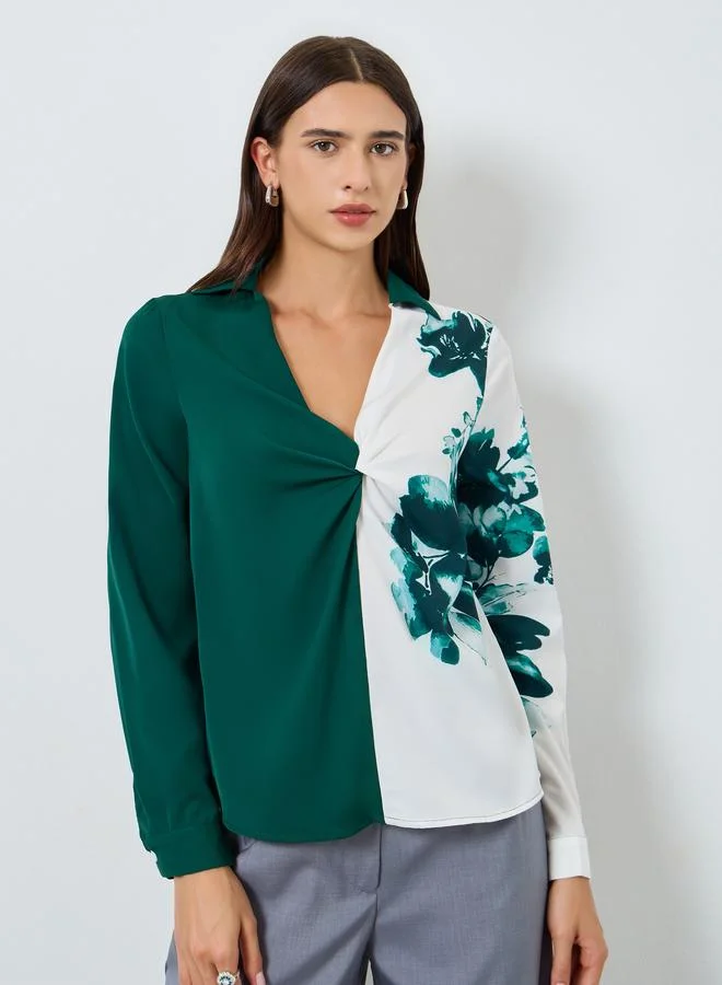 Take Two Floral Printed Ruffle Front Detail Long Sleeve Top