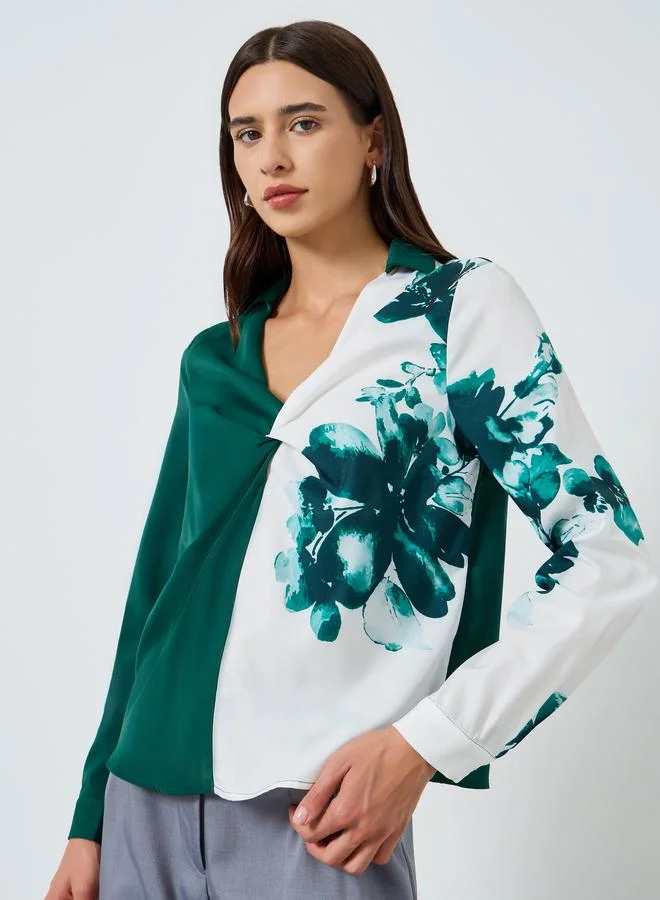 Take Two Floral Printed Ruffle Front Detail Long Sleeve Top