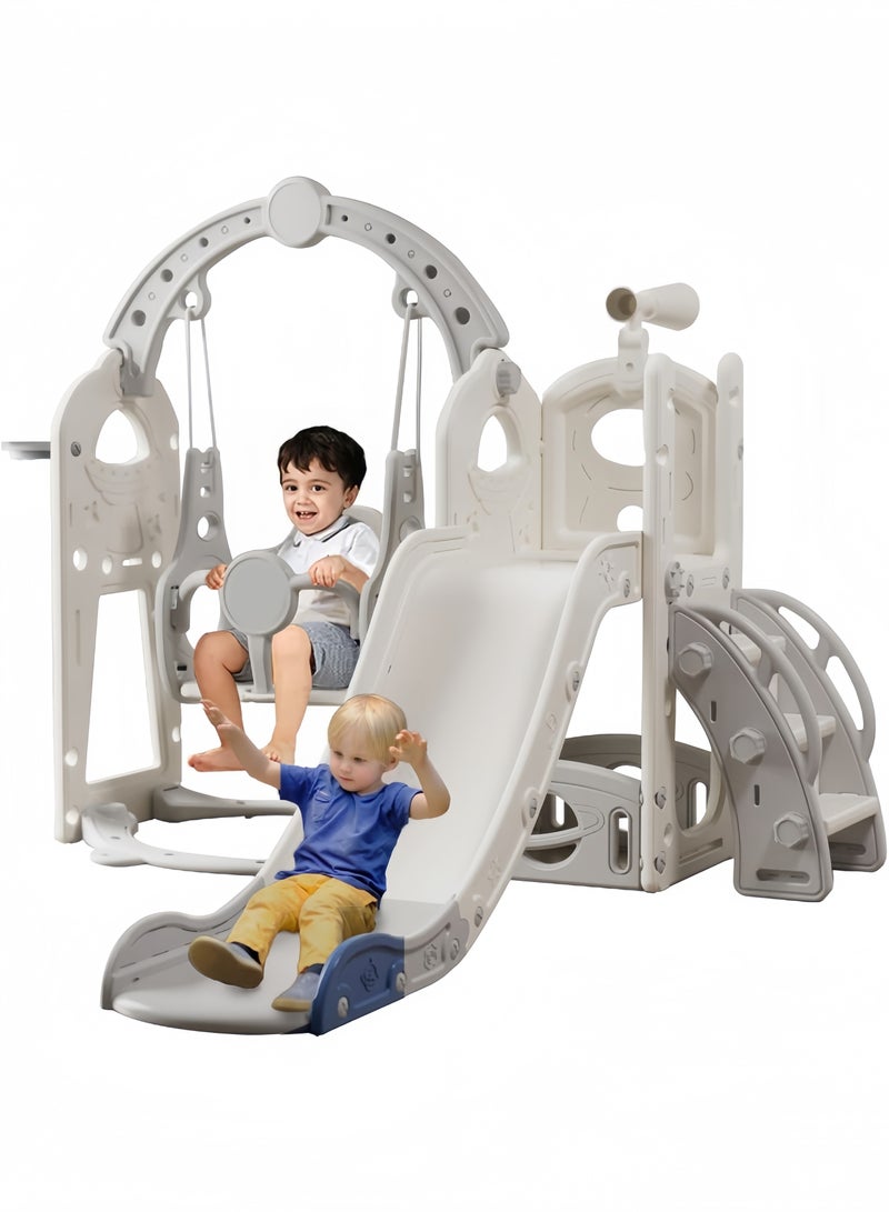 Amoyls 5 in 1 Kids Slide and Swing Set with Basketball Hoop Storage Telescope Indoor Outdoor Toddler Playground  - Image 1