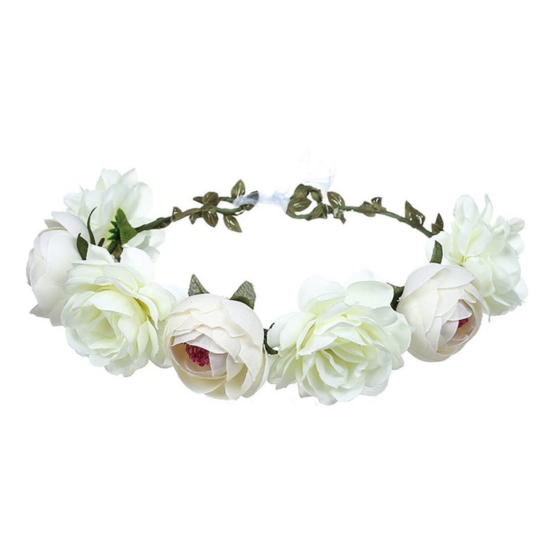 June Bloomy Women Rose Floral Crown Hair Wreath Leave Flower Headband with Adjustable Ribbon White
