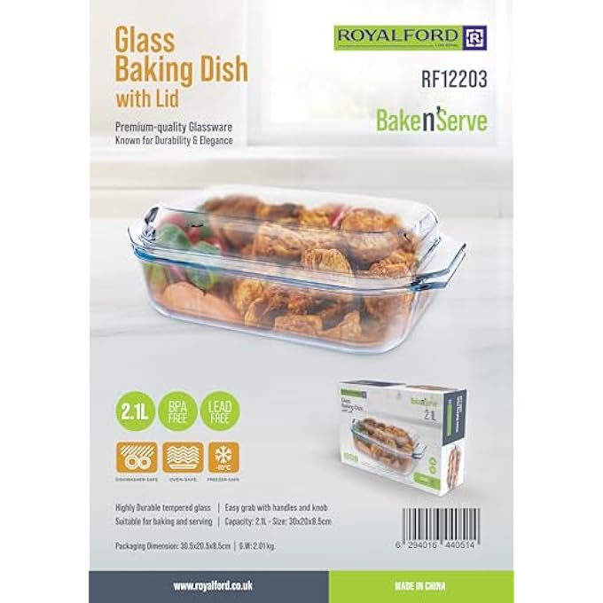 RF 21L Glass Baking Dish With Lid Rf12203  Roasting Tray Oven Safe Roaster Pan Fridge  Freezer Safe Durable  Easy Clean  Ideal For Cooking Serving Storing Freezing - Image 2