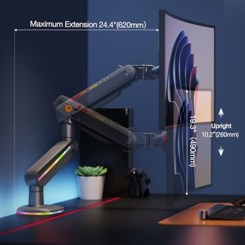 RGB Gaming Monitor-arm for Flat/Ultrawide/Curved Monitors 32 to 60 inch, Heavy Duty Stand Load up to 20 kg, VESA 75/100 mm Monitor-Mount Load up to 20 kg, Mechanical Spring, Quick Disassembly Plate, VESA 75 and 100 mm Black - Image 5