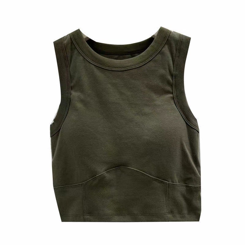 Sleeveless Cotton Padded Tank Top Womens Sports Army Green - Image 1