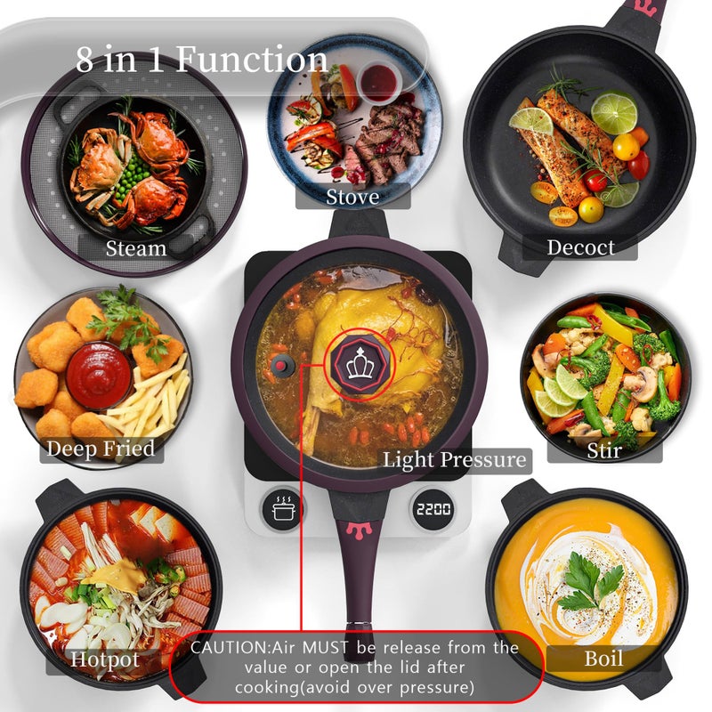 TIBORANG 8 in 1 Multipurpose 11 Inch 5 Quart Heat Indicator Nonstick Deep Frying Pan with Glass Lid,Steamed Grid,PFOA-Free,Dishwasher&Oven Safe,Works with All Stovetops (Midnight Purple) - Image 2