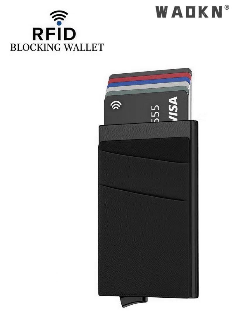 WAOKN Unisex Wallets Aluminum Side Push Pop Up Card Holder- RFID Blocking Anti-theft brush ，Credit Card, ID Card, Transit Card, Access Card, Prevent Unauthorized Scan & Identity Theft。Screw Reinforced Metal Card Case - Metal Card Holder Slim Super Lightweight Wallet Flat Black OPP Packed， - Image 1