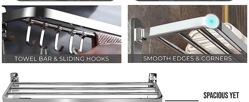 EDITH 24 Inches Large | Bathroom Towel Holder | Towel Rack for Bathroom | Towel Holder for Bathroom | Towel Stand for Bathroom with Shelf (Grade 304 Stainless Steel | 61Cms | Chrome | Foldable) - Image 2