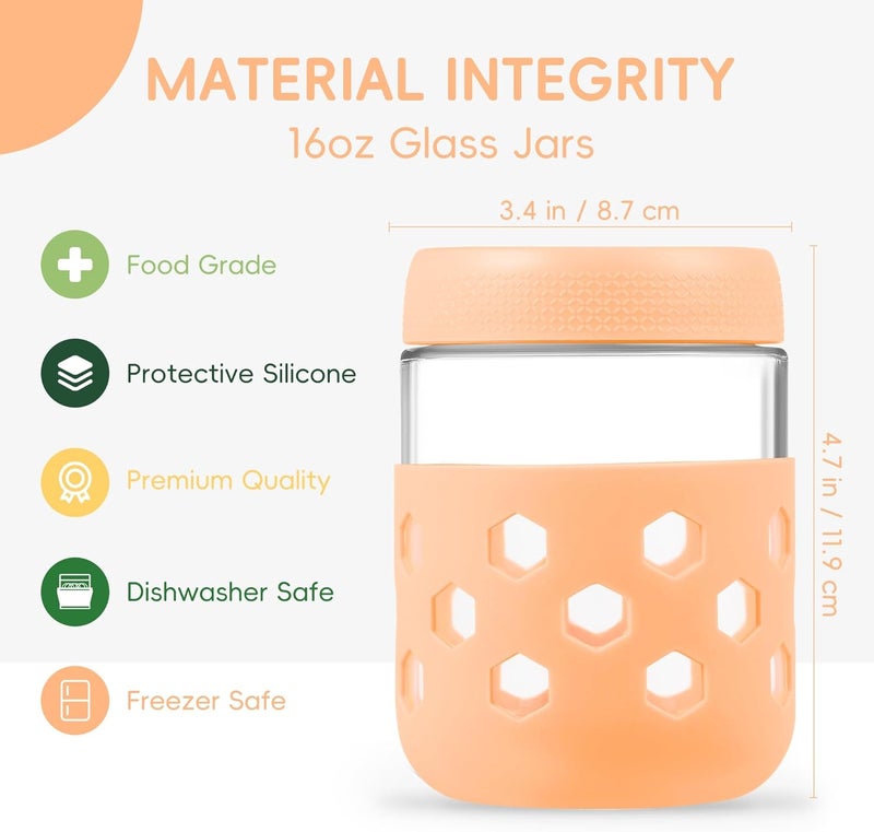 Gemice 6-Pack 16 oz Overnight Oats Containers with Lids and Silicone Sleeves, BPA-Free Glass Mason Jars with Airtight Lids, Dishwasher Safe, Leak-Proof Meal Prep Jars for Chia Pudding, Yogurt - Image 3