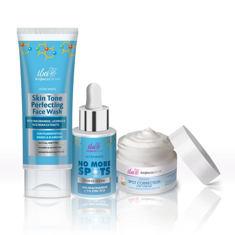 Iba No More Spots Skin Care Regime Combo Ultra White Skin Tone Perfecting Face Wash 100ml No More Spots Serum 30ml Spot Correction Day Cream 50g - Image 1