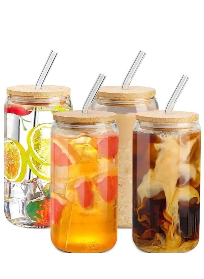 كوب عصير زجاجي بغطاء خشبي و شفاطة 4  قطعة - Image 1