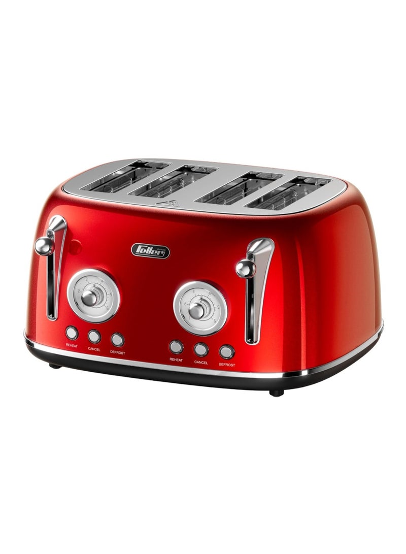 Feller Germany, Retro Style 4-Slice Toaster, 1630 W, Steel Body, 2 Dust Covers & 2 Bun Warmers, Defrost, Reheat, & Cancel Function, 4 Extra wide Bread Slots, Removable Crumb Tray - Image 1