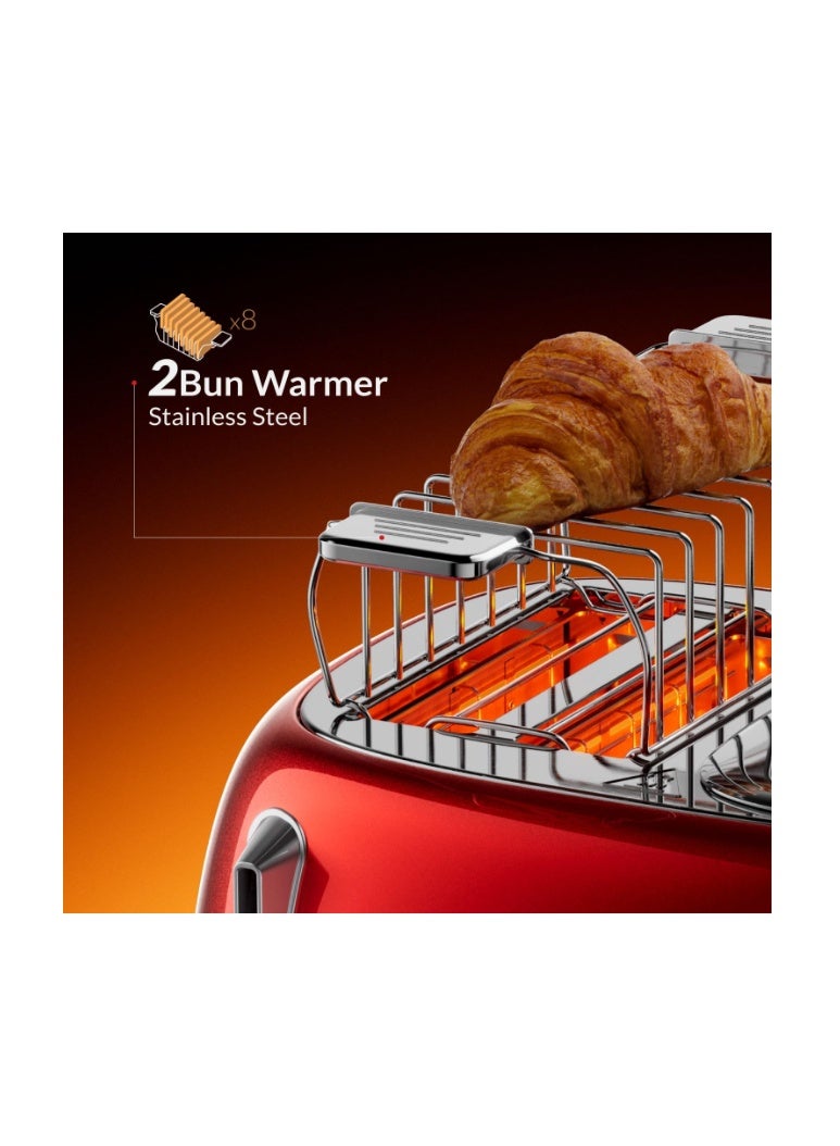 Feller Germany, Retro Style 4-Slice Toaster, 1630 W, Steel Body, 2 Dust Covers & 2 Bun Warmers, Defrost, Reheat, & Cancel Function, 4 Extra wide Bread Slots, Removable Crumb Tray - Image 2