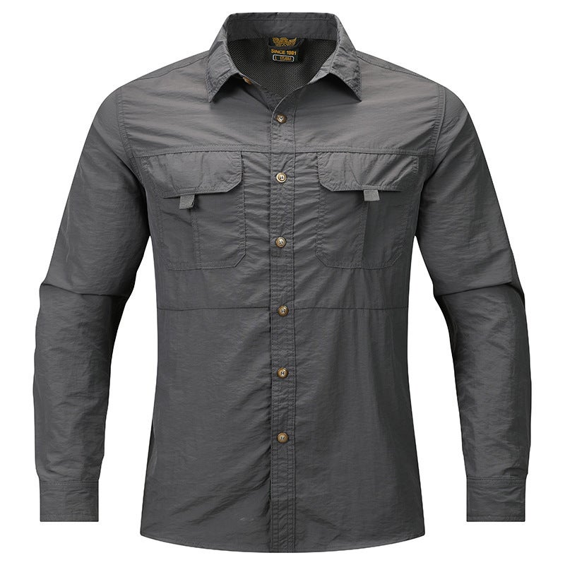 Summer Outdoor Casual Multi-Pocket Workwear Short-Sleeved Shirt Outdoor Breathable Thin Shirt Ice Silk Elastic Quick-Drying Mens Gray 103 long sleeves