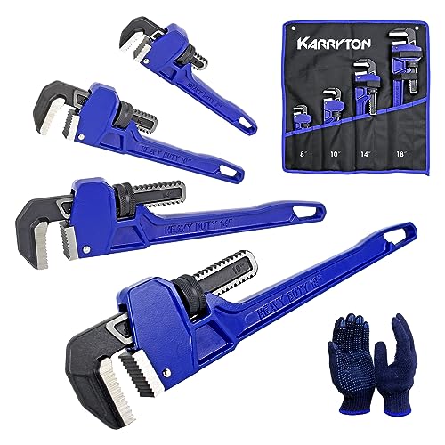 KARRYTON Pipe Wrench set8 10 14 18 Adjustable Jaw Opening Cast Iron Straight Handle Plumbing Wrench Perfect Plumbers Tool for Oil Field Plumbing Auto Repair Construction and Mechanics - Image 1