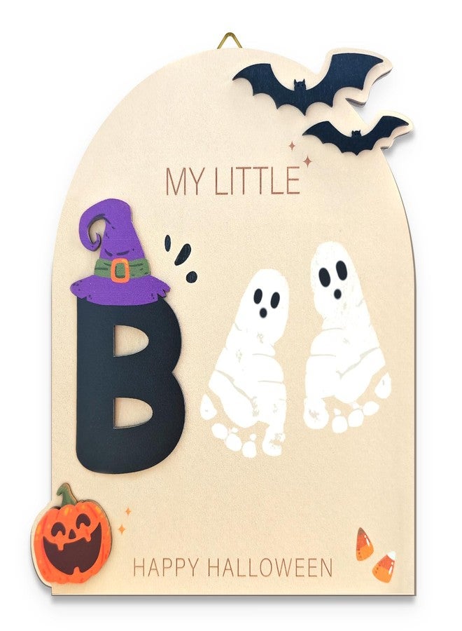Aukolass Baby's First Halloween Footprint Art Sign, My Little Boo Sign Wooden Milestone Keepsake for Newborn Photo Prop Baby Shower and Halloween Gift - Image 1