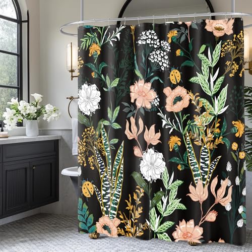 BayNook Black Boho Floral Shower Curtain, Pink Flower Tropical Leaves Plant Shower Curtains, Cute Fun Botanical Dark Decorative Bath Curtain Cloth Fabric Bathroom Decor Set with Hooks, 72x72 - Image 2