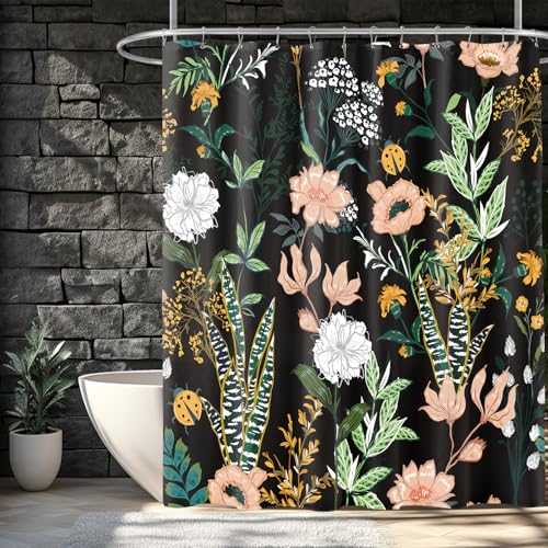 BayNook Black Boho Floral Shower Curtain, Pink Flower Tropical Leaves Plant Shower Curtains, Cute Fun Botanical Dark Decorative Bath Curtain Cloth Fabric Bathroom Decor Set with Hooks, 72x72 - Image 3