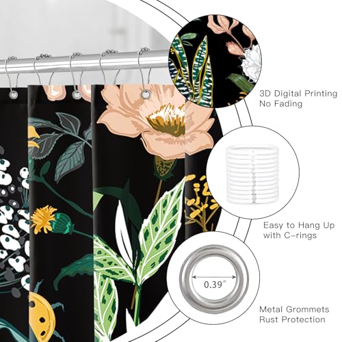 BayNook Black Boho Floral Shower Curtain, Pink Flower Tropical Leaves Plant Shower Curtains, Cute Fun Botanical Dark Decorative Bath Curtain Cloth Fabric Bathroom Decor Set with Hooks, 72x72 - Image 5