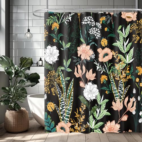 BayNook Black Boho Floral Shower Curtain, Pink Flower Tropical Leaves Plant Shower Curtains, Cute Fun Botanical Dark Decorative Bath Curtain Cloth Fabric Bathroom Decor Set with Hooks, 72x72 - Image 1