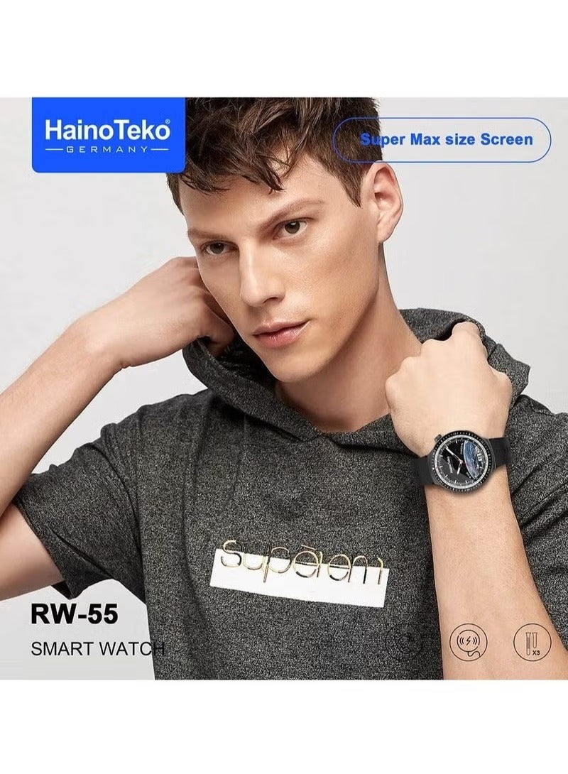 Haino Teko RW 55 Smart Watch With Super Max Curved AMOLED Display 3 Pair Straps and Charging Cable For Men Black - Image 4