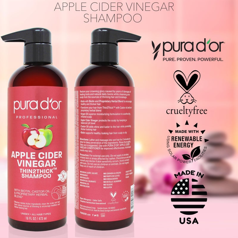 PURA D'OR 16 Oz Apple Cider Vinegar Thin2Thick Shampoo - Biotin, Castor Oil for Reduced Frizz, Split Ends, Clarifying & Detox, No Parabens, No Sulfates, All Hair Types, Men & Women
