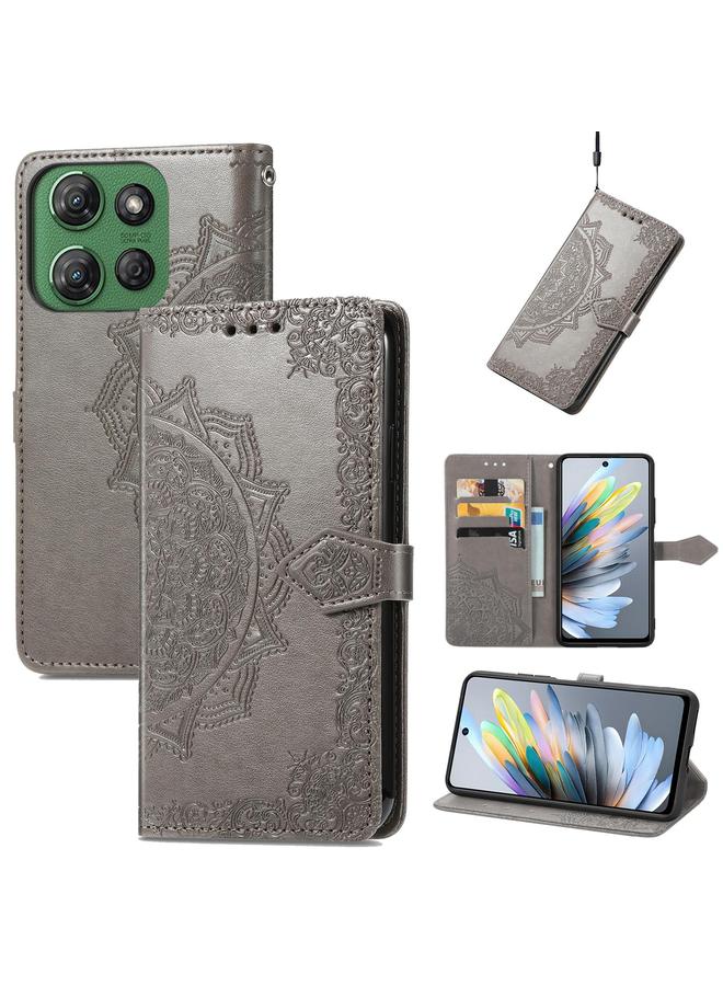 اس-توب جراب لهاتف موتورولا موتو جي باور 2025 مصنوع من الجلد المنقوش بنقشة زهرة ماندالا - Image 1