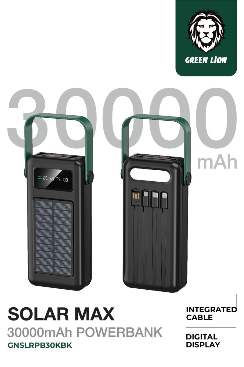 جرين ليون باور بانك الطاقة الشمسية ماكس 30000mAh / كابلات مدمجة / شاشة عرض دائمة / 4 منافذ USB-A / مخرج كابل Type-C/Lightening/Micro / مدخل كابل USB-C/Lightening/Micro/USB / بطارية بوليمر - أسود - Image 1