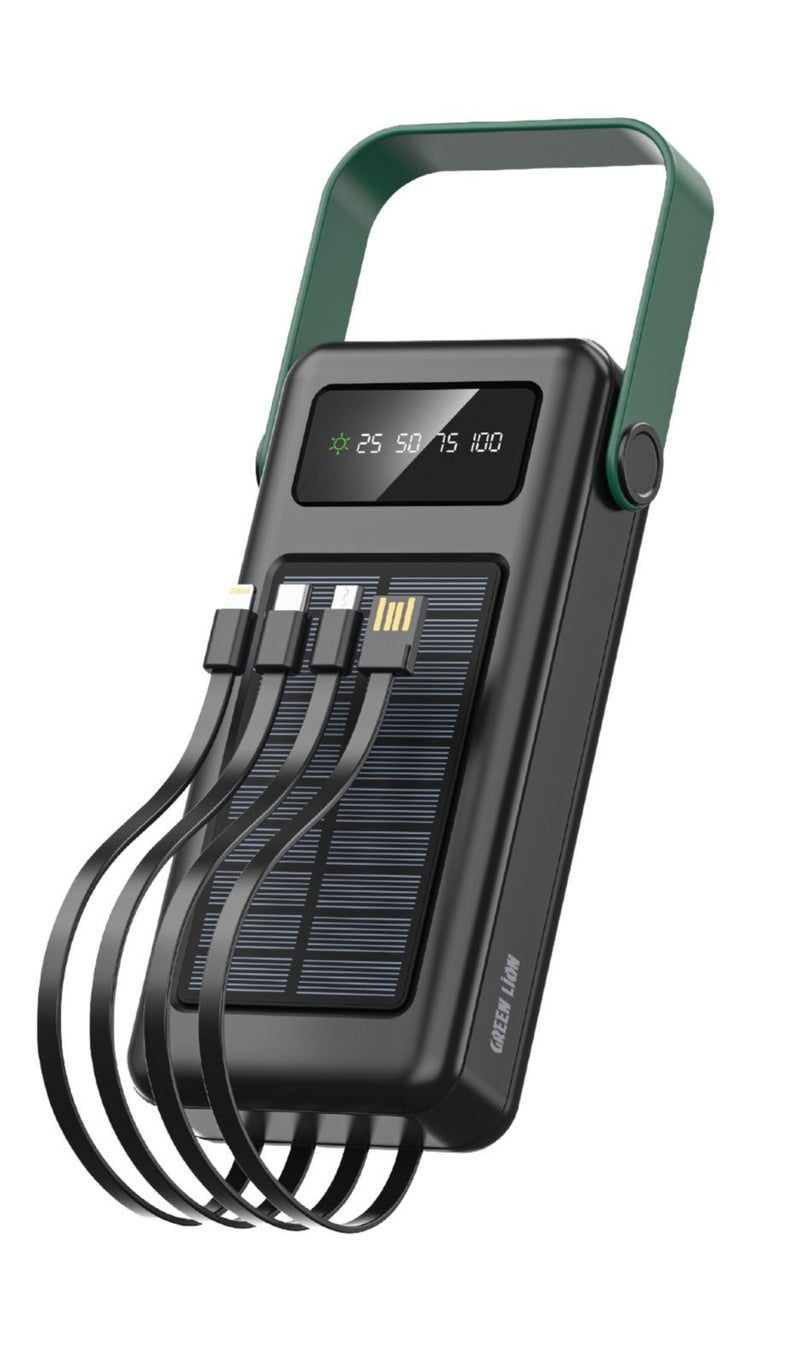 جرين ليون بنك طاقة شمسية 30000 مللي أمبير، كابلات مدمجة، USB-C و USB-A و Lightning، مخرج كابل Micro USB، شاشة رقمية، شاحن محمول، شاحن شمسي، شاشة دائمة العرض، لوحة شحن شمسية - Image 1