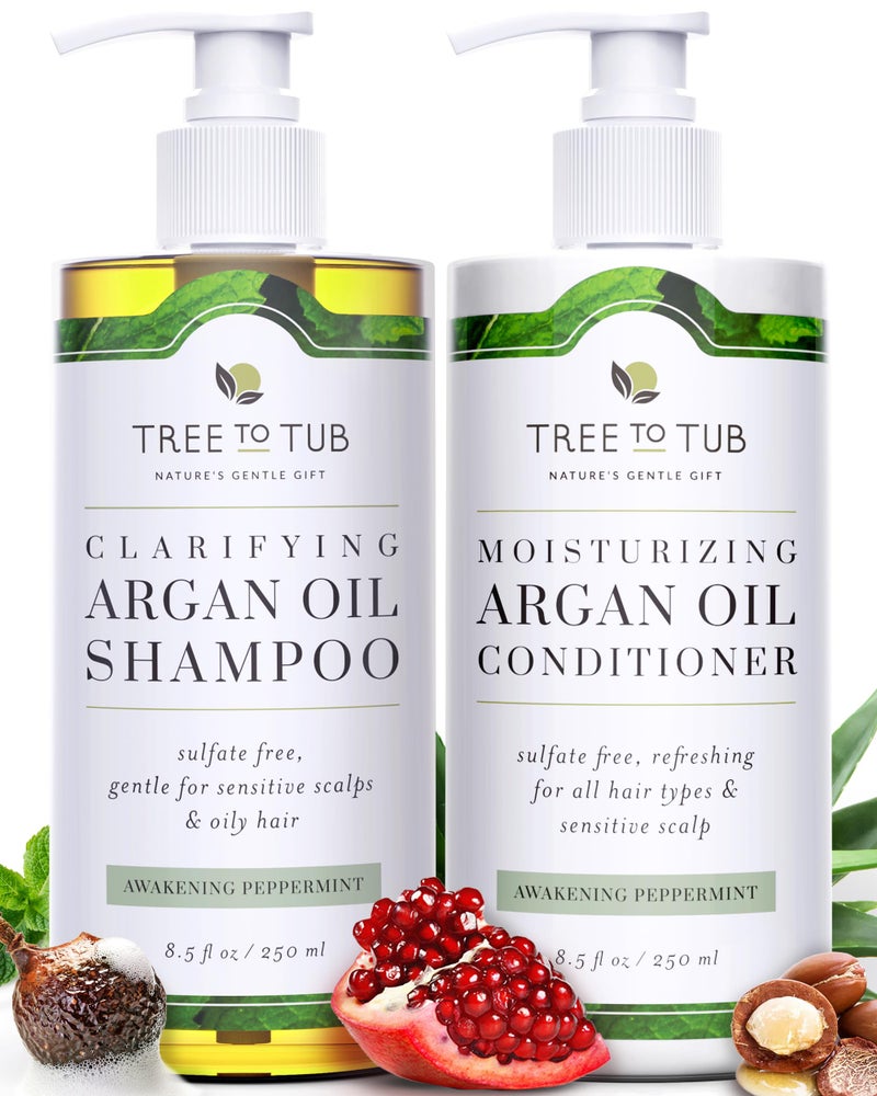 Tree To Tub Sulfate Free Shampoo and Conditioner Set for Oily Hair, Frizz, Sensitive Scalp - Hydrating Argan Oil Shampoo and Conditioner for Women & Men w/Organic Coconut Oil, All Natural Peppermint - Image 1