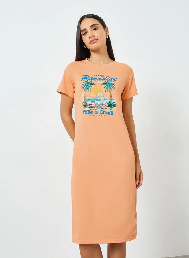 Take Two Orange Beach Print T-Shirt Dress