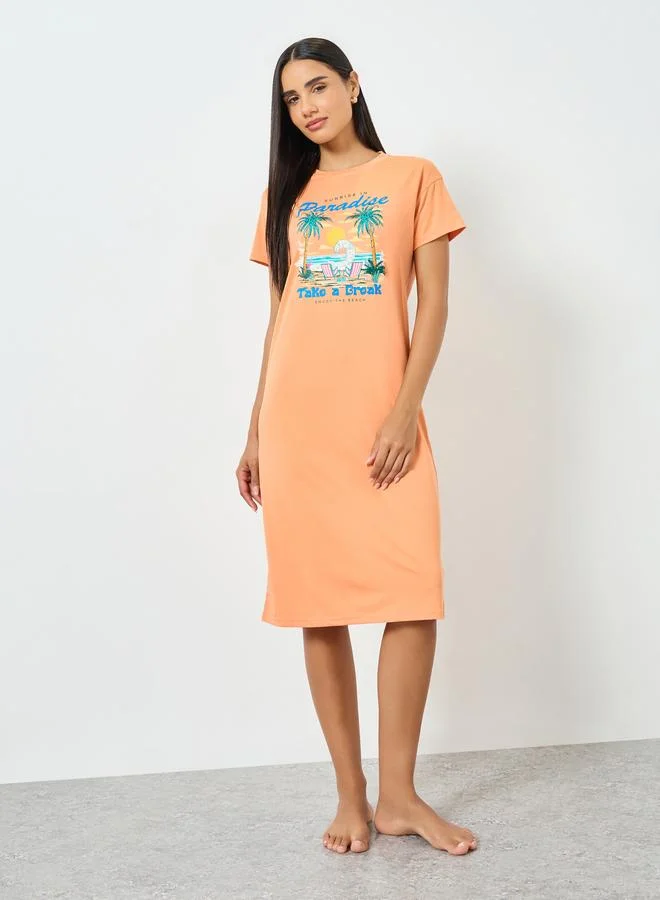 Take Two Orange Beach Print T-Shirt Dress