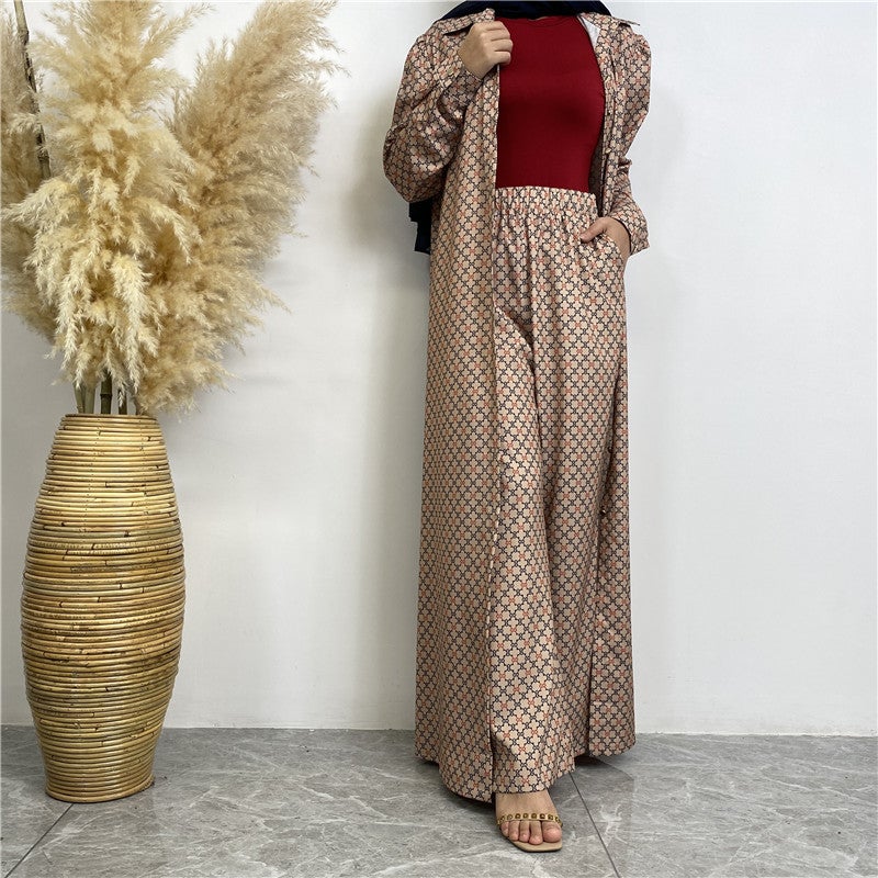 monica fashion Fashionable Printed Full-Button Long Cardigan with Casual Pocket Pants - 2-Piece Set - Image 1