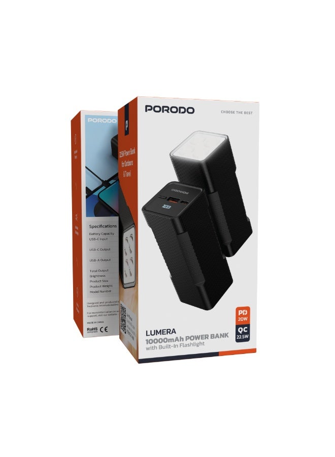 بورودو بنك طاقة 10000 مللي أمبير/ساعة، شاحن محمول من لوميرا، حماية مدمجة، PD 20 واط، QC 22.5 واط، مع مصباح يدوي متعدد الأوضاع مدمج، منافذ USB-C وUSB-A - أسود - Image 5