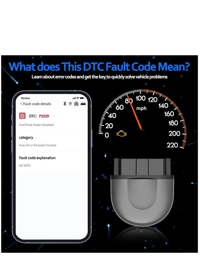 OBD2 Bluetooth Car Scanner Adapter, Wireless OBD II Diagnostic Scan Tools for iPhone & Android, Enhanced Vehicle Code Readers with All System Scan, Live Data, Freeze Frame, Performance Test
