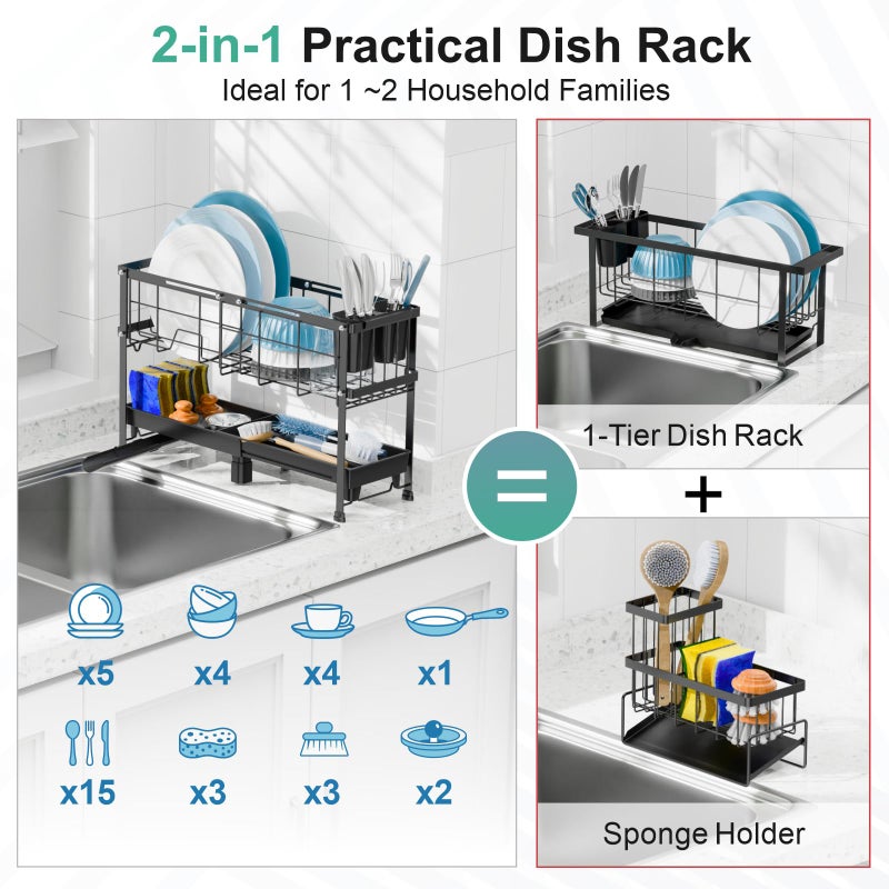 GSlife Narrow Dish Drying Rack, 2 Tier Small Dish Drainer for Kitchen Counter, Expandable Compact Dish Rack with Utensil Holder for RV/1-2 People, 15.7''-20.7''L x 7" D x 12.6" H, Black - Image 3