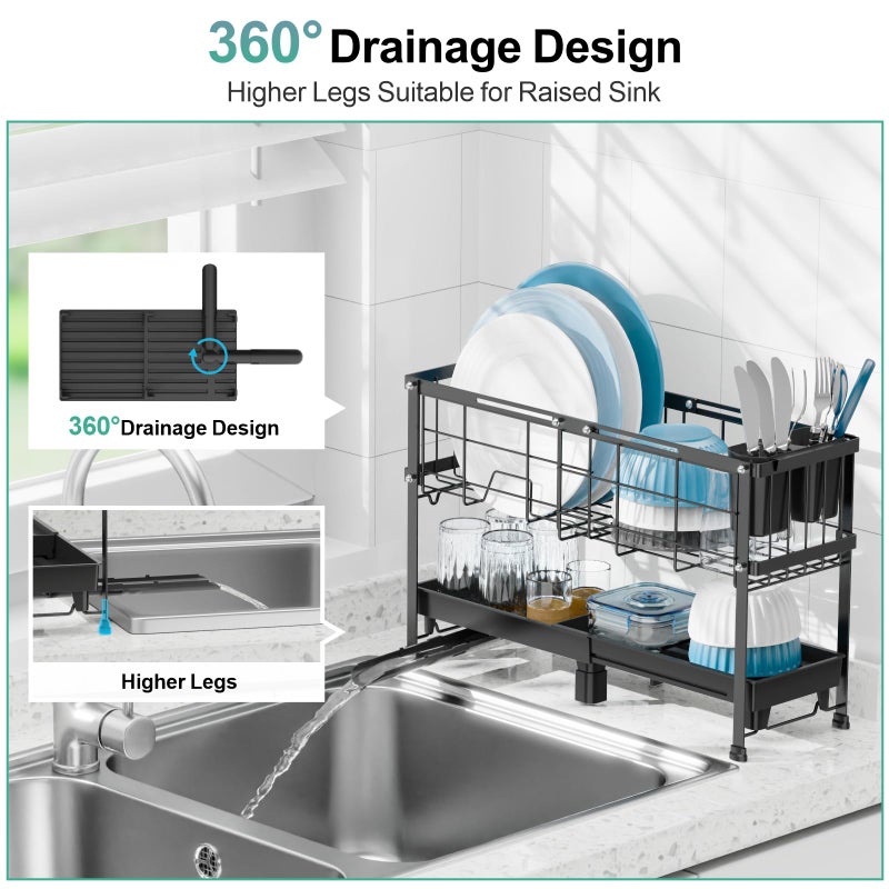 GSlife Narrow Dish Drying Rack, 2 Tier Small Dish Drainer for Kitchen Counter, Expandable Compact Dish Rack with Utensil Holder for RV/1-2 People, 15.7''-20.7''L x 7" D x 12.6" H, Black - Image 5